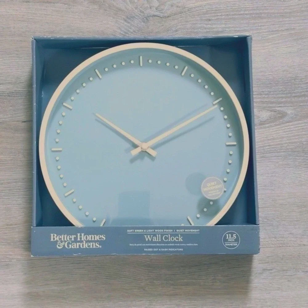 Better Homes & Gardens Wall Clock Soft Green Light Wood Quiet Movement Scandi